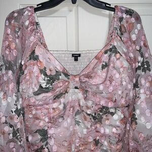 Express Floral Pink Thong Bodysuit Dot Swiss Textured Balloon Sleeve Lg Romantic